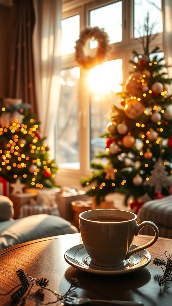 Inspirational Good Morning Quotes for Christmas A cozy Christmas morning scene with a decorated tree, warm sunlight, and a cup of coffee.